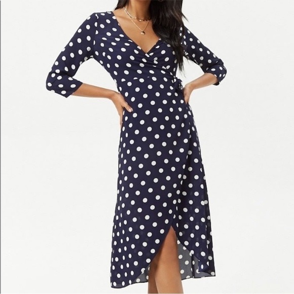 Forever 21 Navy White Polka Dot Wrap Dress Tulip Hem 3/4 Sleeve Size Large - Picture 1 of 11